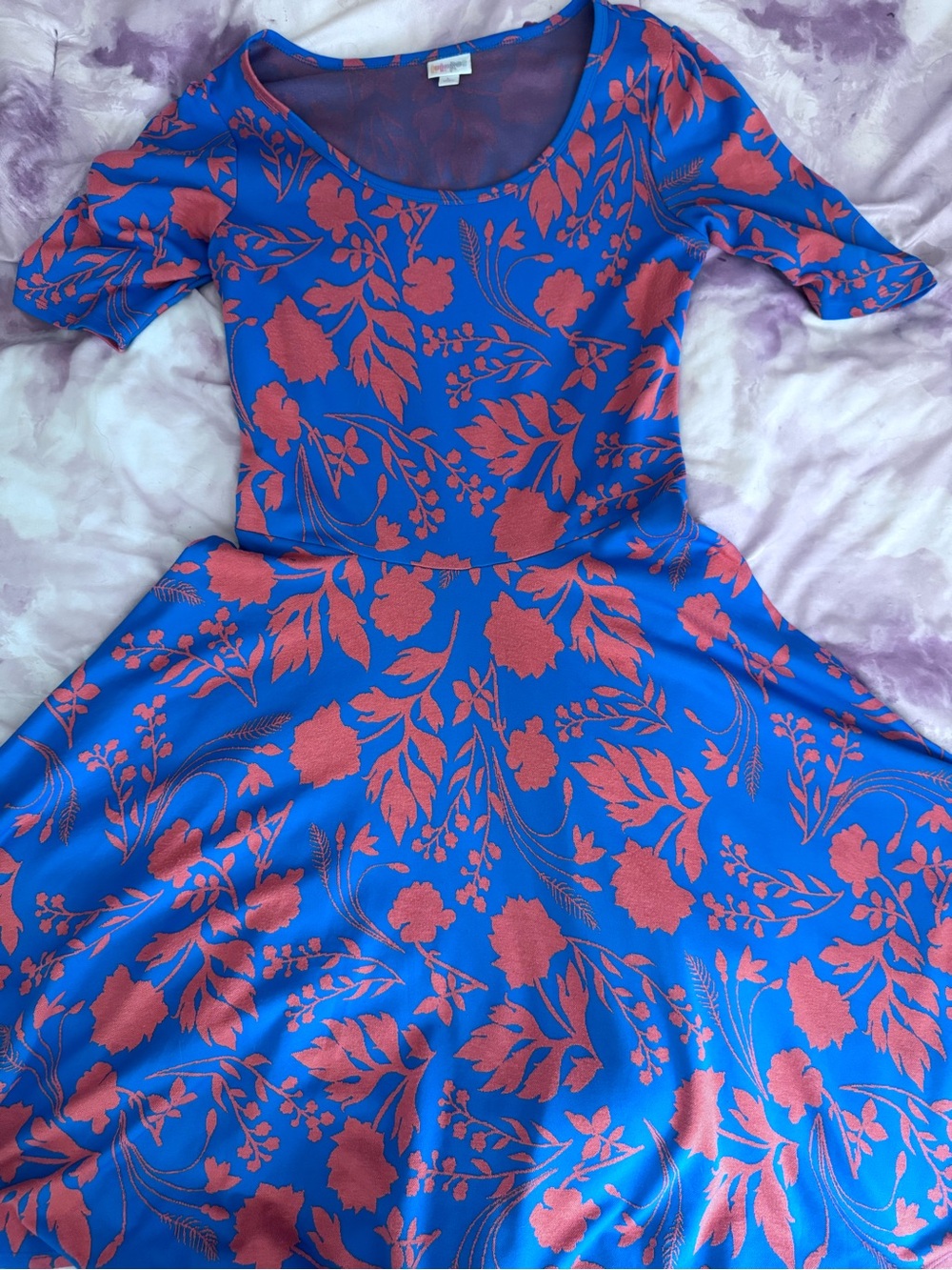 LuLaRoe Nicole Blue Dress with Coral Floral Print